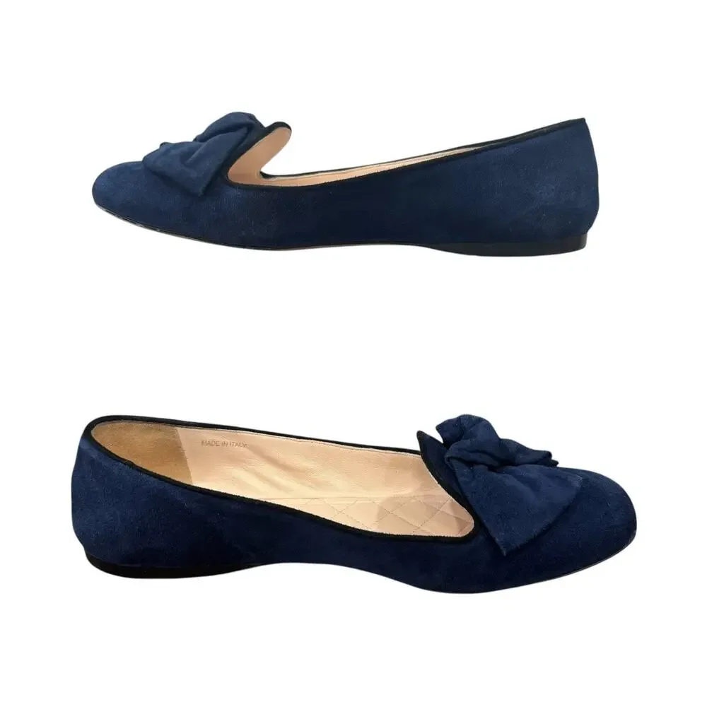 Prada Navy Suede Bow Flats Size 38 EU 8 US Quilted Leather Interior Box Dust Bag